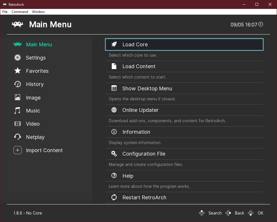 Ozone menu driver screenshot showing a dark sidebar layout with category navigation
